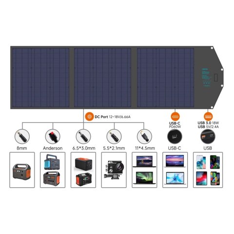 Ładowarka Choetech SC008 solarna składana 120W DC / USB-C / 2x USB-A - czarna Ładowarka Choetech SC008 solarna składana 120W DC / USB-C / 2x USB-A - czarna