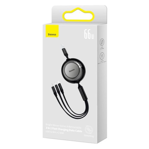 Baseus Bright Mirror 2 zwijany kabel przewód 3w1 USB Typ A - micro USB + Lightning + USB Typ C 66W 1.1m czarny (CAMJ010101) Baseus Bright Mirror 2 zwijany kabel przewód 3w1 USB Typ A - micro USB + Lightning + USB Typ C 66W 1.1m czarny (CAMJ010101)