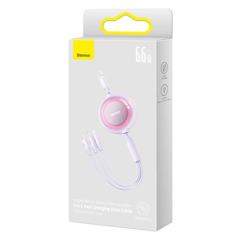 Kabel Baseus Bright Mirror 2 CAMJ010105 zwijany 3w1 USB-A - micro USB / Lightning / USB-C 66W 1.1m - fioletowy Kabel Baseus Bright Mirror 2 CAMJ010105 zwijany 3w1 USB-A - micro USB / Lightning / USB-C 66W 1.1m - fioletowy