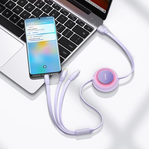 Kabel Baseus Bright Mirror 2 CAMJ010105 zwijany 3w1 USB-A - micro USB / Lightning / USB-C 66W 1.1m - fioletowy Kabel Baseus Bright Mirror 2 CAMJ010105 zwijany 3w1 USB-A - micro USB / Lightning / USB-C 66W 1.1m - fioletowy