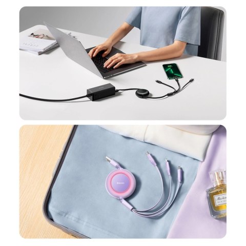 Kabel Baseus Bright Mirror 2 CAMJ010105 zwijany 3w1 USB-A - micro USB / Lightning / USB-C 66W 1.1m - fioletowy Kabel Baseus Bright Mirror 2 CAMJ010105 zwijany 3w1 USB-A - micro USB / Lightning / USB-C 66W 1.1m - fioletowy