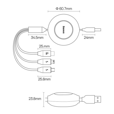 Kabel Baseus Bright Mirror 2 CAMJ010105 zwijany 3w1 USB-A - micro USB / Lightning / USB-C 66W 1.1m - fioletowy Kabel Baseus Bright Mirror 2 CAMJ010105 zwijany 3w1 USB-A - micro USB / Lightning / USB-C 66W 1.1m - fioletowy
