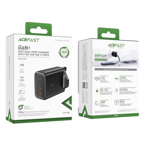 Acefast ładowarka sieciowa GaN (wtyczka UK) 2x USB Typ C 50W, Power Delivery, PPS, Q3 3.0, AFC, FCP czarny (A32 UK) Acefast ładowarka sieciowa GaN (wtyczka UK) 2x USB Typ C 50W, Power Delivery, PPS, Q3 3.0, AFC, FCP czarny (A32 UK)