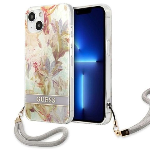 Etui Guess Flower Strap na iPhone 13 mini - fioletowe Etui Guess Flower Strap na iPhone 13 mini - fioletowe