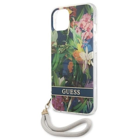 Etui Guess Flower Strap na iPhone 13 - niebieskie