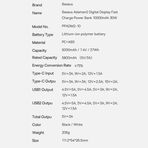 Baseus Adaman2 powerbank z wyświetlaczem cyfrowym 10000mAh 30W 2 x USB / 1x USB Typ C Overseas Edition PD QC SCP czarny (PPAD040 Baseus Adaman2 powerbank z wyświetlaczem cyfrowym 10000mAh 30W 2 x USB / 1x USB Typ C Overseas Edition PD QC SCP czarny (PPAD040