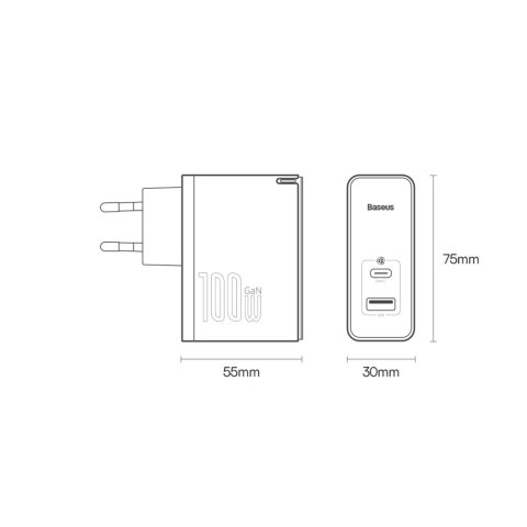 Baseus GaN5 Pro szybka uniwersalna ładowarka sieciowa GaN USB Typ C / USB 100W PD3.0, QC4.0+, AFC czarny (CCGP090201)