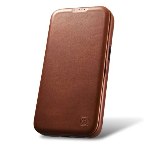 ICarer CE Oil Wax Premium Leather Folio Case skórzane etui iPhone 14 z klapką magnetyczne MagSafe brązowy (AKI14220705-BN)