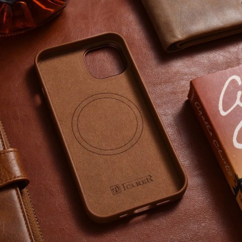 ICarer Case Leather pokrowiec etui z naturalnej skóry do iPhone 14 brązowy (WMI14220705-BN) (kompatybilne z MagSafe)