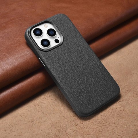 ICarer Litchi Premium Leather Case skórzane etui iPhone 14 Pro magnetyczne z MagSafe czarny (WMI14220710-BK)