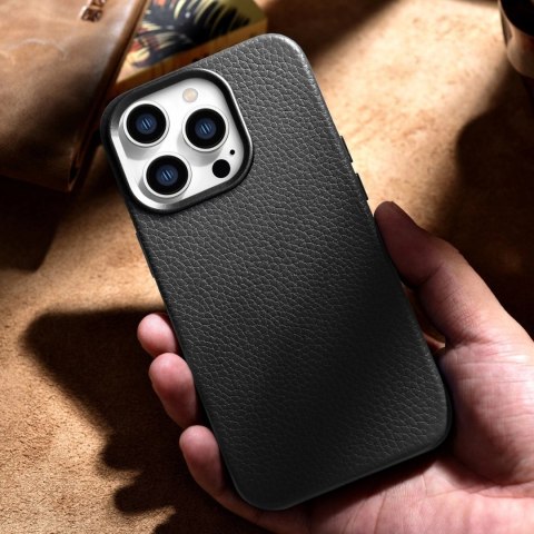 ICarer Litchi Premium Leather Case skórzane etui iPhone 14 Pro magnetyczne z MagSafe czarny (WMI14220710-BK)