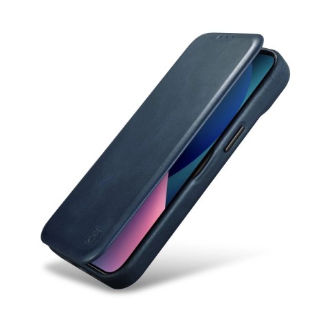 ICarer CE Oil Wax Premium Leather Folio Case skórzane etui iPhone 14 Plus z klapką magnetyczne MagSafe niebieski (AKI14220707-BU