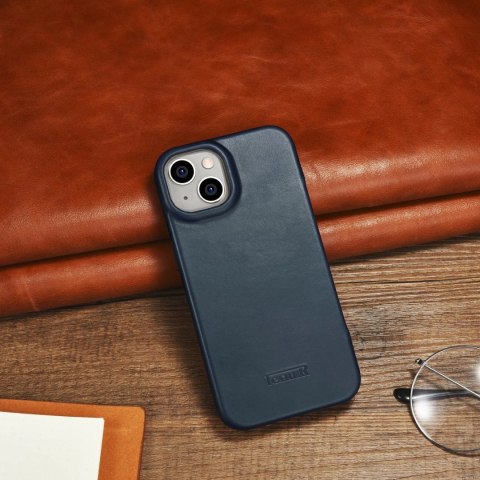 ICarer CE Oil Wax Premium Leather Folio Case skórzane etui iPhone 14 Plus z klapką magnetyczne MagSafe niebieski (AKI14220707-BU