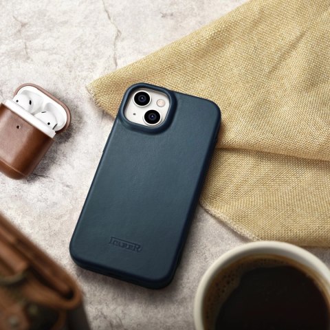 ICarer CE Oil Wax Premium Leather Folio Case skórzane etui iPhone 14 Plus z klapką magnetyczne MagSafe niebieski (AKI14220707-BU