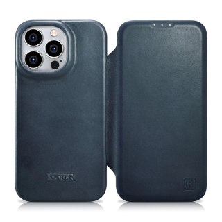 ICarer CE Oil Wax Premium Leather Folio Case skórzane etui iPhone 14 Pro Max z klapką magnetyczne MagSafe niebieski (AKI14220708