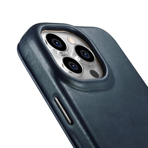 ICarer CE Oil Wax Premium Leather Folio Case skórzane etui iPhone 14 Pro Max z klapką magnetyczne MagSafe niebieski (AKI14220708