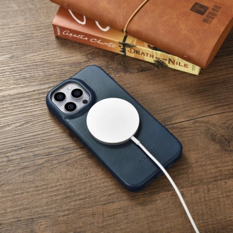 ICarer CE Oil Wax Premium Leather Folio Case skórzane etui iPhone 14 Pro Max z klapką magnetyczne MagSafe niebieski (AKI14220708