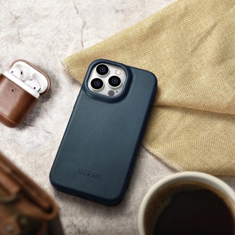 ICarer CE Oil Wax Premium Leather Folio Case skórzane etui iPhone 14 Pro Max z klapką magnetyczne MagSafe niebieski (AKI14220708