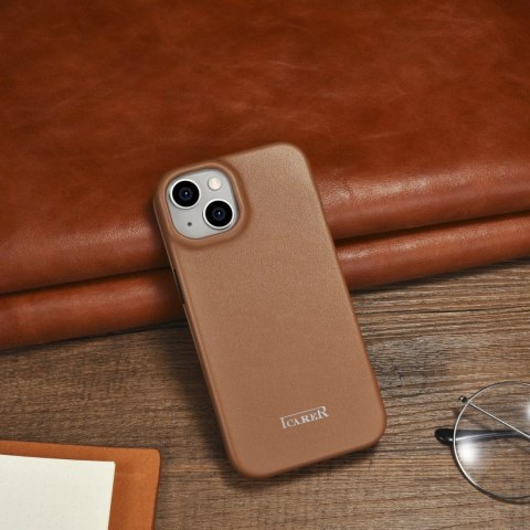 ICarer CE Premium Leather Folio Case skórzane etui iPhone 14 Plus z klapką magnetyczne MagSafe brązowy (WMI14220715-BN)