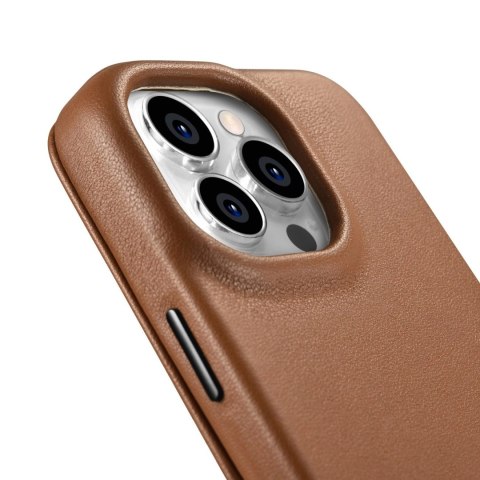 ICarer CE Premium Leather Folio Case skórzane etui iPhone 14 Pro Max z klapką magnetyczne MagSafe brązowy (WMI14220716-BN)