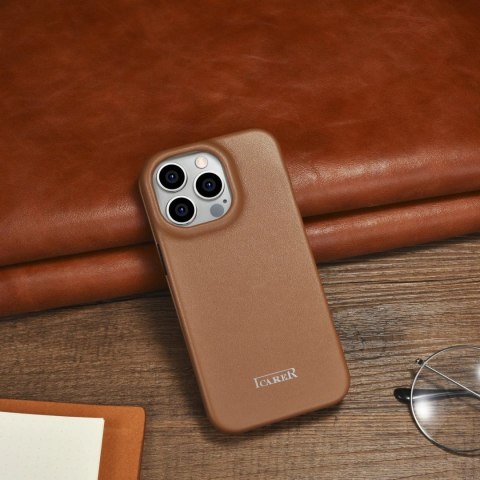 ICarer CE Premium Leather Folio Case skórzane etui iPhone 14 Pro Max z klapką magnetyczne MagSafe brązowy (WMI14220716-BN)