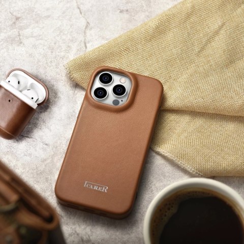 ICarer CE Premium Leather Folio Case skórzane etui iPhone 14 Pro Max z klapką magnetyczne MagSafe brązowy (WMI14220716-BN)