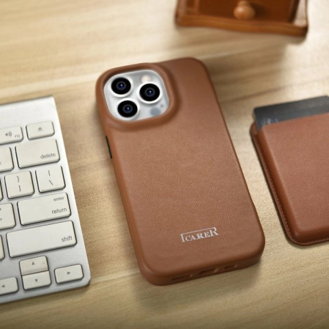 ICarer CE Premium Leather Folio Case skórzane etui iPhone 14 Pro Max z klapką magnetyczne MagSafe brązowy (WMI14220716-BN)