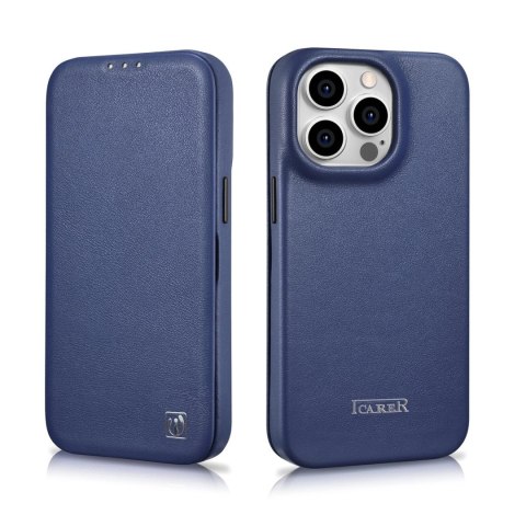 ICarer CE Premium Leather Folio Case skórzane etui iPhone 14 Pro Max z klapką magnetyczne MagSafe niebieski (WMI14220716-BU)
