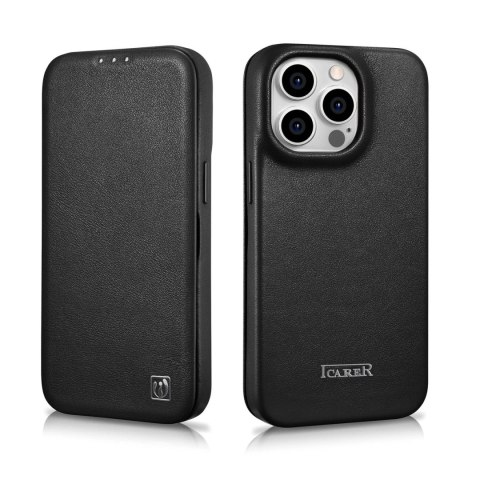ICarer CE Premium Leather Folio Case skórzane etui iPhone 14 Pro z klapką magnetyczne MagSafe czarny (WMI14220714-BK)