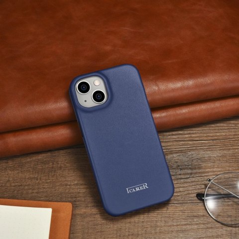 ICarer CE Premium Leather Folio Case skórzane etui iPhone 14 z klapką magnetyczne MagSafe niebieski (WMI14220713-BU)