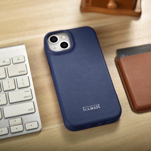 ICarer CE Premium Leather Folio Case skórzane etui iPhone 14 z klapką magnetyczne MagSafe niebieski (WMI14220713-BU)