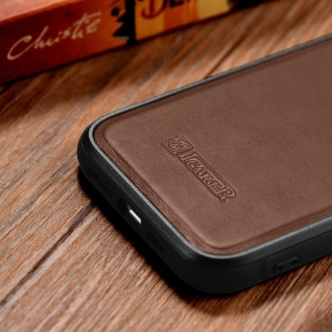 ICarer Leather Oil Wax etui pokryte naturalną skórą do iPhone 14 Pro (kompatybilne z MagSafe) brązowy (WMI14220718-BN)