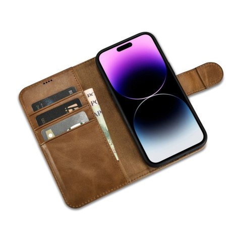 ICarer Oil Wax Wallet Case 2in1 etui iPhone 14 Pro skórzany pokrowiec z klapką Anti-RFID brązowy (WMI14220722-TN)