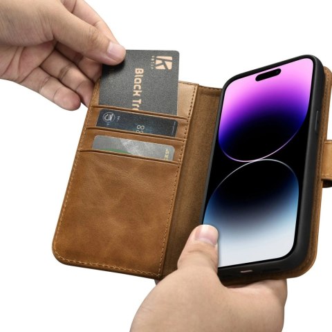 ICarer Oil Wax Wallet Case 2in1 etui iPhone 14 Pro skórzany pokrowiec z klapką Anti-RFID brązowy (WMI14220722-TN)