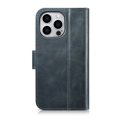 ICarer Oil Wax Wallet Case 2in1 etui iPhone 14 Pro skórzany pokrowiec z klapką Anti-RFID niebieski (WMI14220722-BU)