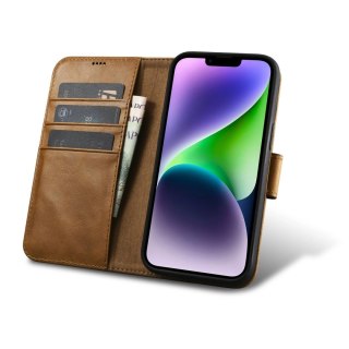 ICarer Oil Wax Wallet Case 2in1 etui iPhone 14 skórzany pokrowiec z klapką Anti-RFID brązowy (WMI14220721-TN)