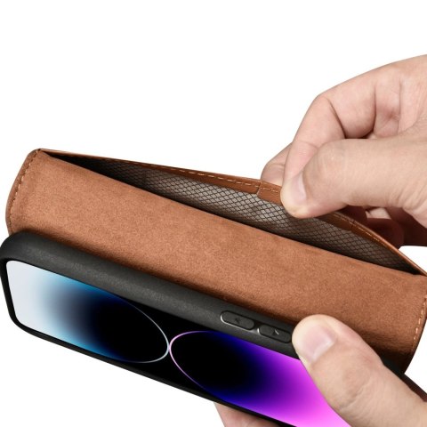 ICarer Wallet Case 2in1 etui iPhone 14 Pro skórzany pokrowiec z klapką Anti-RFID brązowy (WMI14220726-BN)