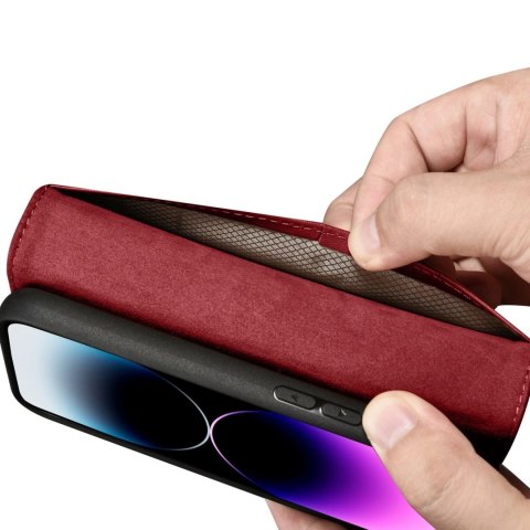 ICarer Wallet Case 2in1 etui iPhone 14 Pro skórzany pokrowiec z klapką Anti-RFID czerwony (WMI14220726-RD)