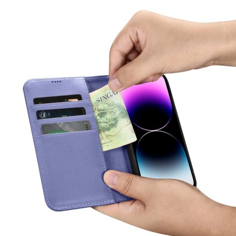 ICarer Wallet Case 2in1 etui iPhone 14 Pro skórzany pokrowiec z klapką Anti-RFID jasnofioletowy (WMI14220726-LP) ICarer Wallet Case 2in1 etui iPhone 14 Pro skórzany pokrowiec z klapką Anti-RFID jasnofioletowy (WMI14220726-LP)