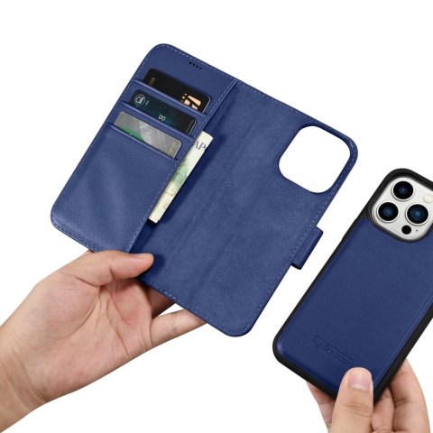 ICarer Wallet Case 2in1 etui iPhone 14 Pro skórzany pokrowiec z klapką Anti-RFID niebieski (WMI14220726-BU)