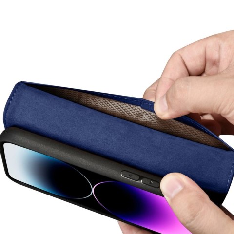 ICarer Wallet Case 2in1 etui iPhone 14 Pro skórzany pokrowiec z klapką Anti-RFID niebieski (WMI14220726-BU)