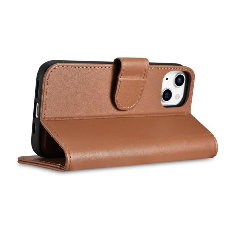 ICarer Wallet Case 2in1 etui iPhone 14 skórzany pokrowiec z klapką Anti-RFID brązowy (WMI14220725-BN)