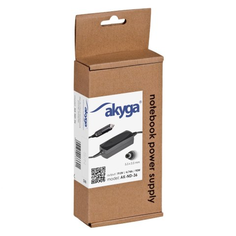 Akyga samochodowy zasilacz do notebooka dedykowany dla Asus / Toshiba (19 V | 4,74 A | 90 W | 5,5 x 2,5 mm) AK-ND-36
