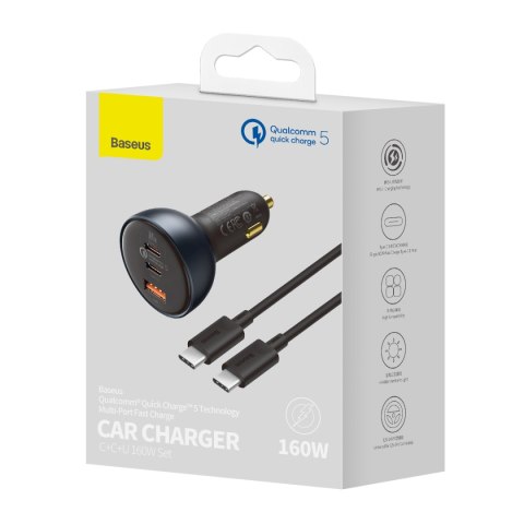 Baseus ładowarka samochodowa QC 5 PD 160W 1x USB 2x USB-C czarna + kabel USB-C - USB-C Baseus ładowarka samochodowa QC 5 PD 160W 1x USB 2x USB-C czarna + kabel USB-C - USB-C