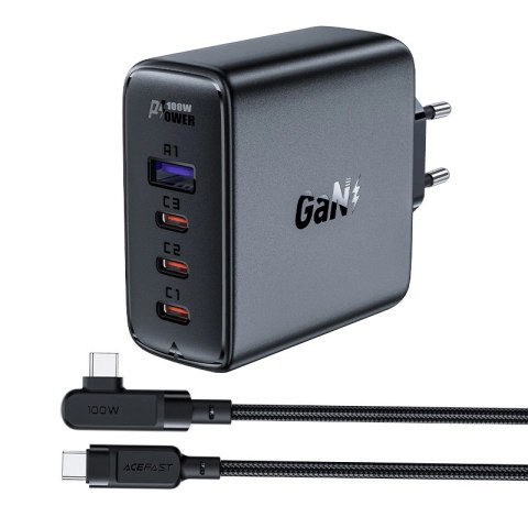 Acefast szybka ładowarka sieciowa GaN 3xUSB-C/1xUSB-A 100W czarna + kabel kątowy USB-C - USB-C 100W 2m czarny Acefast szybka ładowarka sieciowa GaN 3xUSB-C/1xUSB-A 100W czarna + kabel kątowy USB-C - USB-C 100W 2m czarny