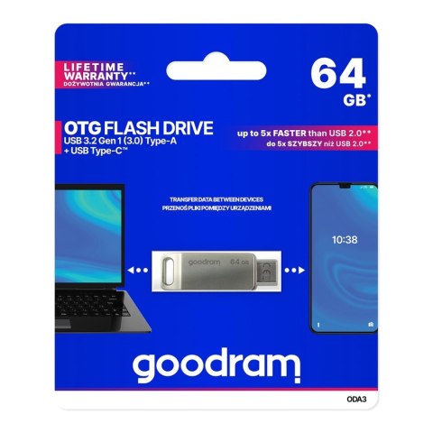 Pendrive 64 GB USB 3.2 Gen 1 USB / USB C OTG ODA3 Goodram - srebrny Pendrive 64 GB USB 3.2 Gen 1 USB / USB C OTG ODA3 Goodram - srebrny
