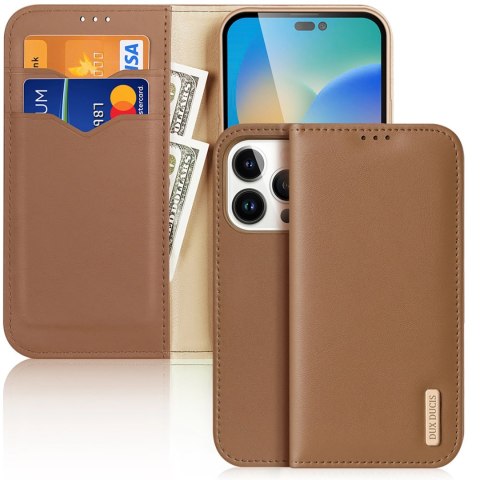 Dux Ducis Hivo skórzane etui z klapką pokrowiec ze skóry naturalnej portfel na karty i dokumenty iPhone 14 Pro brązowy Dux Ducis Hivo skórzane etui z klapką pokrowiec ze skóry naturalnej portfel na karty i dokumenty iPhone 14 Pro brązowy