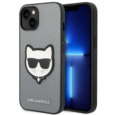 Etui Karl Lagerfeld Saffiano Choupette Head Patch na iPhone 14 Plus - srebrne Etui Karl Lagerfeld Saffiano Choupette Head Patch na iPhone 14 Plus - srebrne