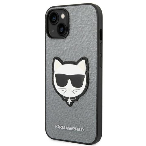 Etui Karl Lagerfeld Saffiano Choupette Head Patch na iPhone 14 Plus - srebrne Etui Karl Lagerfeld Saffiano Choupette Head Patch na iPhone 14 Plus - srebrne