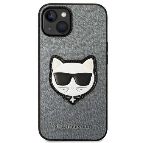 Etui Karl Lagerfeld Saffiano Choupette Head Patch na iPhone 14 Plus - srebrne Etui Karl Lagerfeld Saffiano Choupette Head Patch na iPhone 14 Plus - srebrne